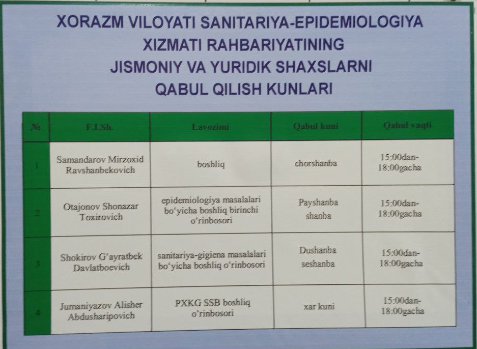 Jismoniy va yuridik shaxslarni qabul qilish kunlari