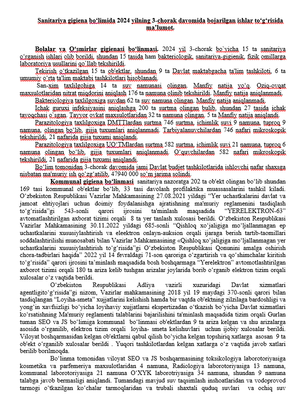 Sanitariya gigiena bo‘limida 2024 yilning 3-chorak davomida bojarilgan ishlar to‘g‘risida  ma’lumot.