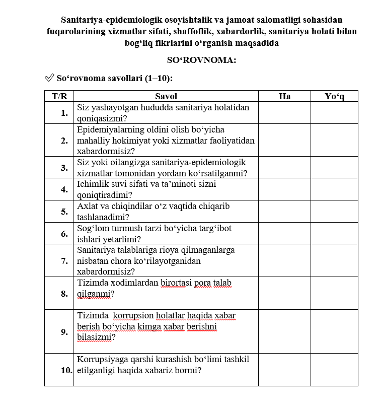 Hurmatli fuqarolar so`rovnomada faol qatnashib tizim faoliyatiga munosib baxo berishingiz so`raymiz.